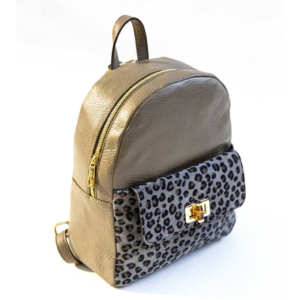 Laura Di Maggio NEMO – Zaino in pelle taupe & leopard Presa