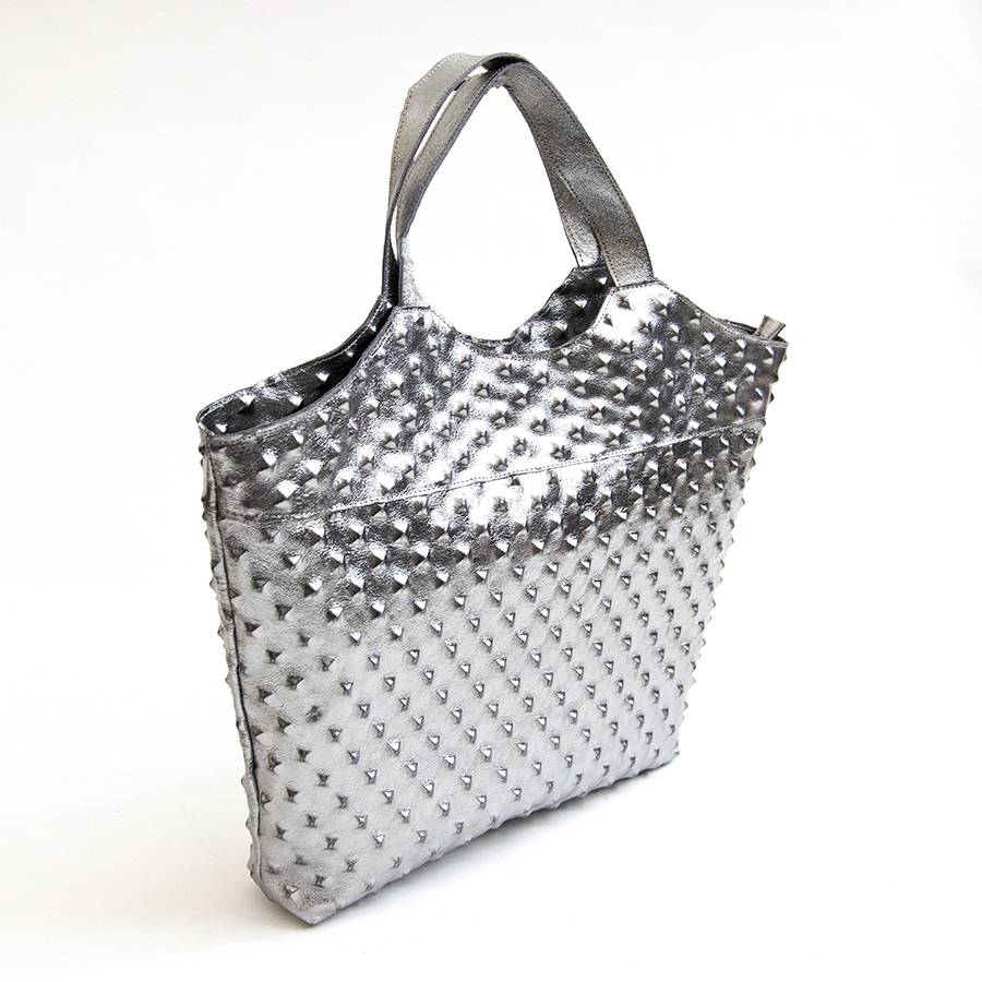 Laura Di Maggio ASTRID – Borsa in pelle laminata argento stampa chiodo Nuovo