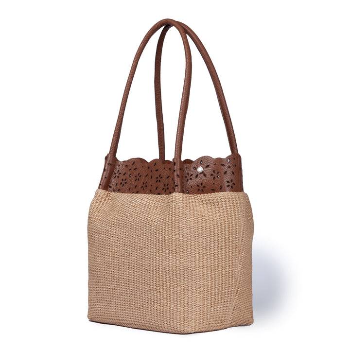 Roberta Gandolfi Diletta Shopping - Tote in rafia con balza in pelle laserata con tracolla staccabile Economico