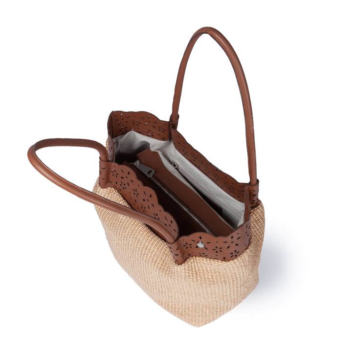 Roberta Gandolfi Diletta Shopping - Tote in rafia con balza in pelle laserata con tracolla staccabile Economico