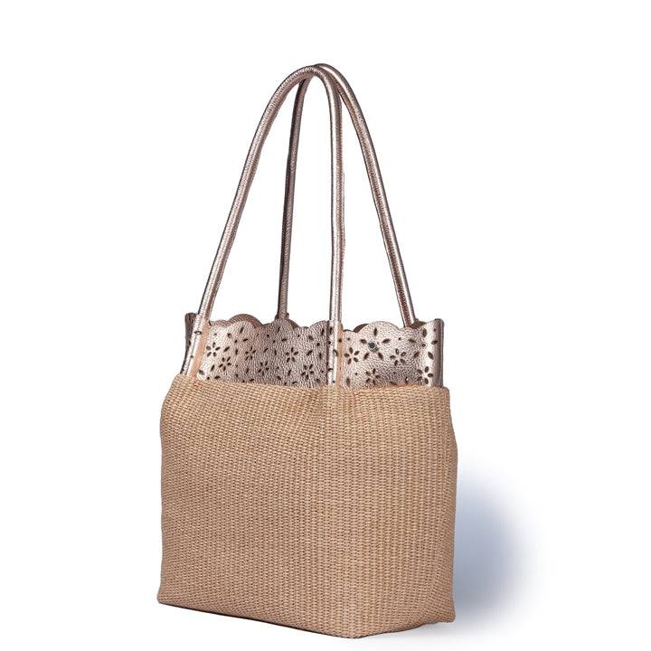 Roberta Gandolfi Diletta Shopping - Tote in rafia con balza in pelle laserata con tracolla staccabile Saldi