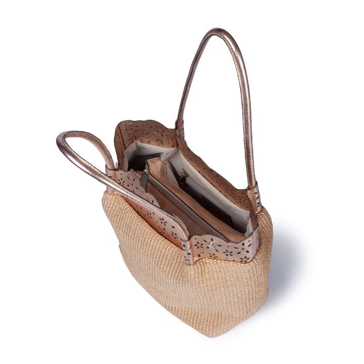 Roberta Gandolfi Diletta Shopping - Tote in rafia con balza in pelle laserata con tracolla staccabile Saldi