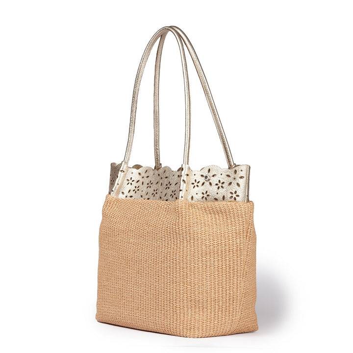 Roberta Gandolfi Diletta Shopping - Tote in rafia con balza in pelle laserata con tracolla staccabile Vendita Economica