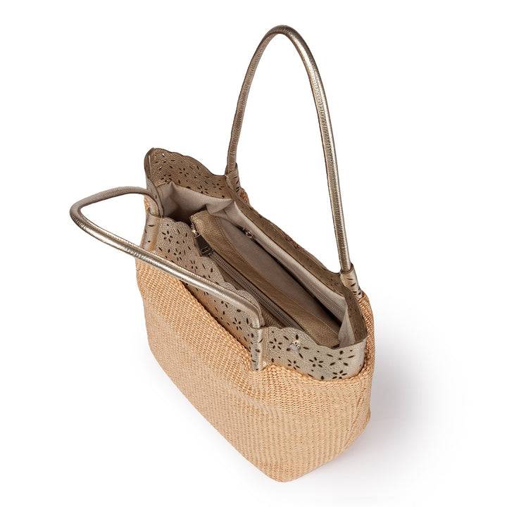 Roberta Gandolfi Diletta Shopping - Tote in rafia con balza in pelle laserata con tracolla staccabile Vendita Economica