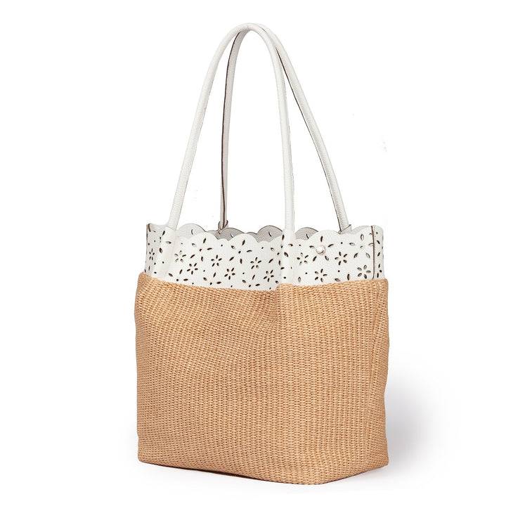 Roberta Gandolfi Diletta Shopping - Tote in rafia con balza in pelle laserata con tracolla staccabile Moda