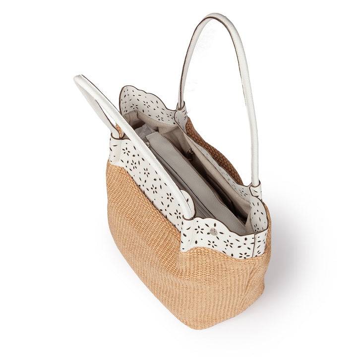 Roberta Gandolfi Diletta Shopping - Tote in rafia con balza in pelle laserata con tracolla staccabile Moda