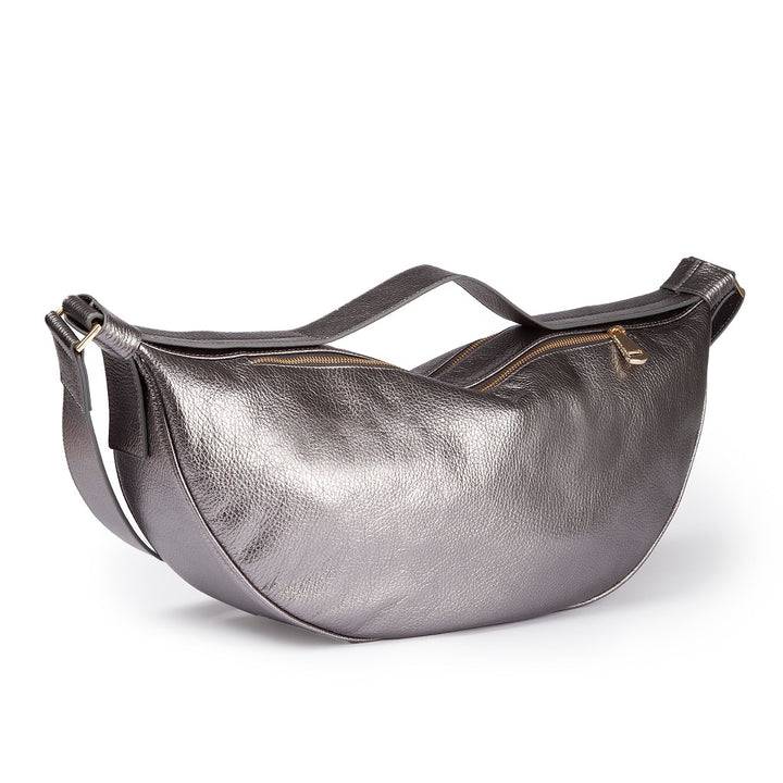 Roberta Gandolfi Micol Banana cross body in vitello martellato metal con tracolla regolabile Promozione