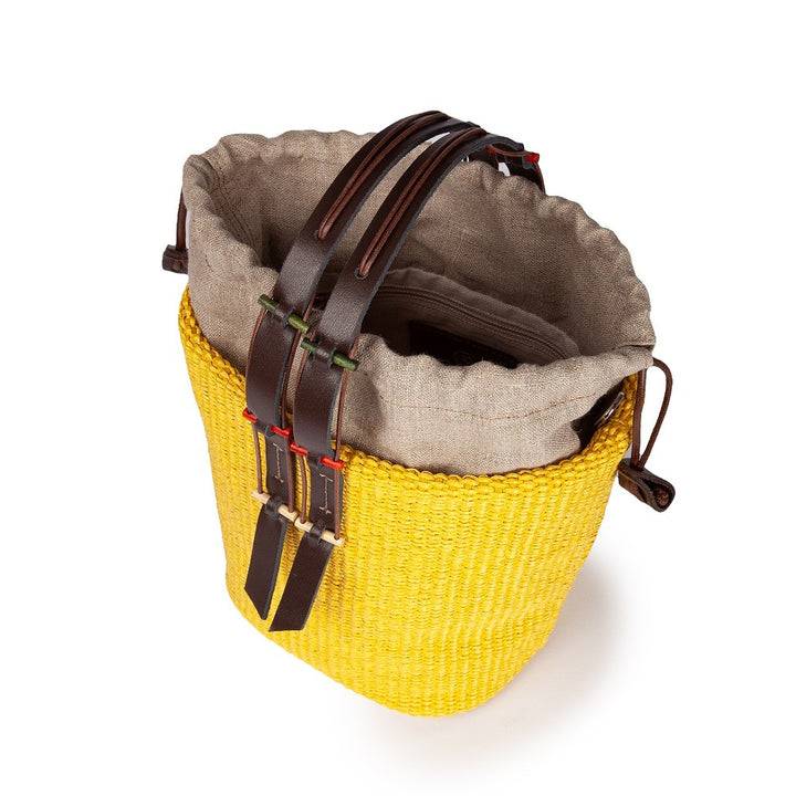 Roberta Gandolfi Fernanda Bucket in rafia con finiture in pelle di vitello con tracolla staccabile In Saldo