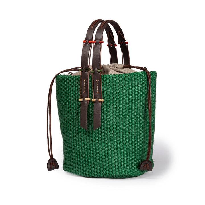Roberta Gandolfi Fernanda Bucket in rafia con finiture in pelle di vitello con tracolla staccabile Nuova