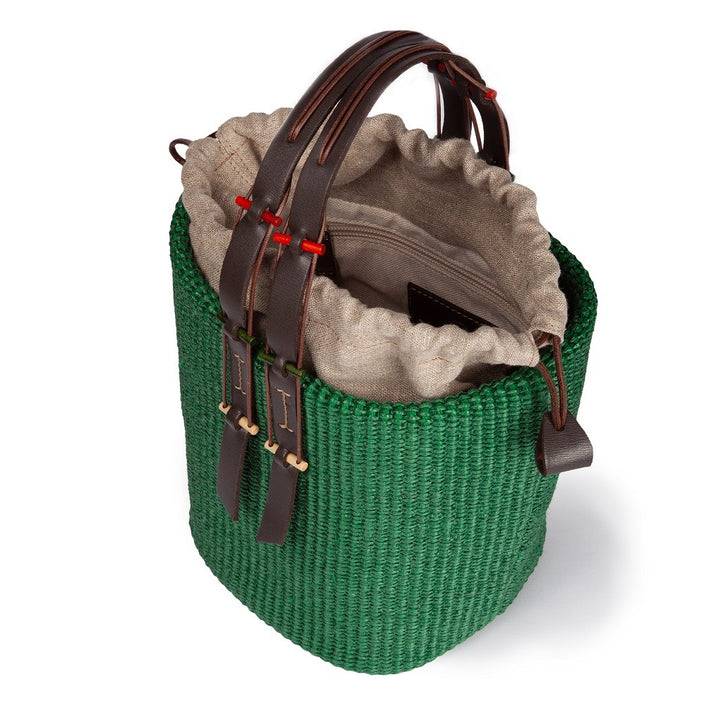 Roberta Gandolfi Fernanda Bucket in rafia con finiture in pelle di vitello con tracolla staccabile Nuova