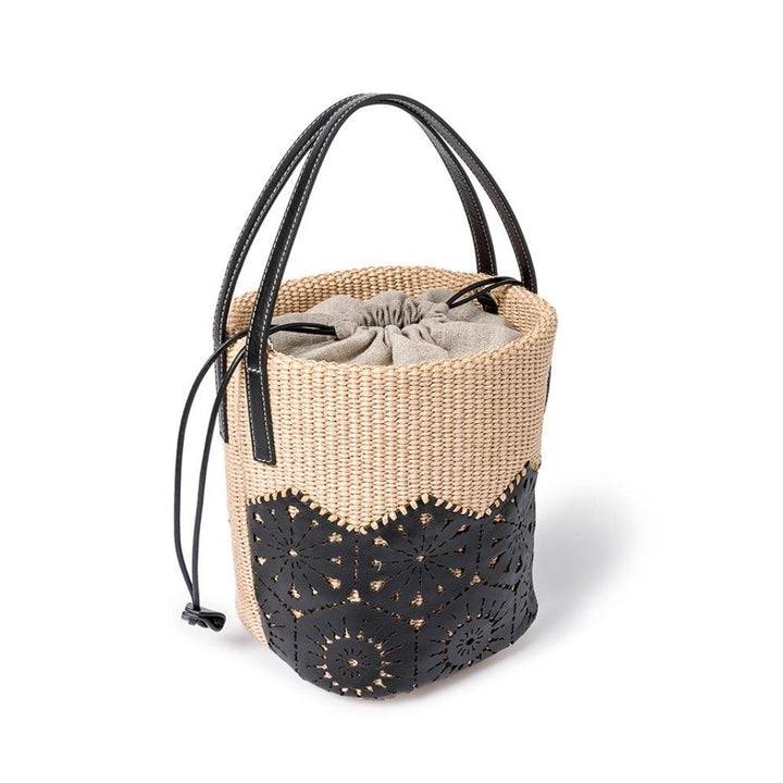 Roberta Gandolfi Giulia Bucket in rafia e pelle il pannello tagliato al laser è interamente cucito a mano con tracolla staccabile Qualità Garantita