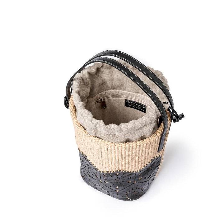 Roberta Gandolfi Giulia Bucket in rafia e pelle il pannello tagliato al laser è interamente cucito a mano con tracolla staccabile Qualità Garantita