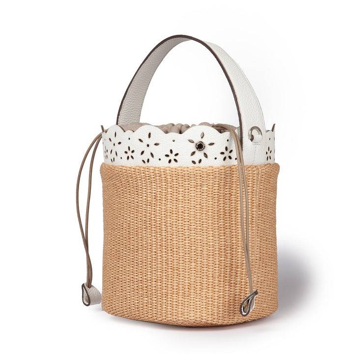 Roberta Gandolfi Diletta Bucket in rafia con balza in pelle laserata con tracolla staccabile Acquista Ora