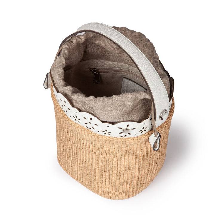 Roberta Gandolfi Diletta Bucket in rafia con balza in pelle laserata con tracolla staccabile Acquista Ora