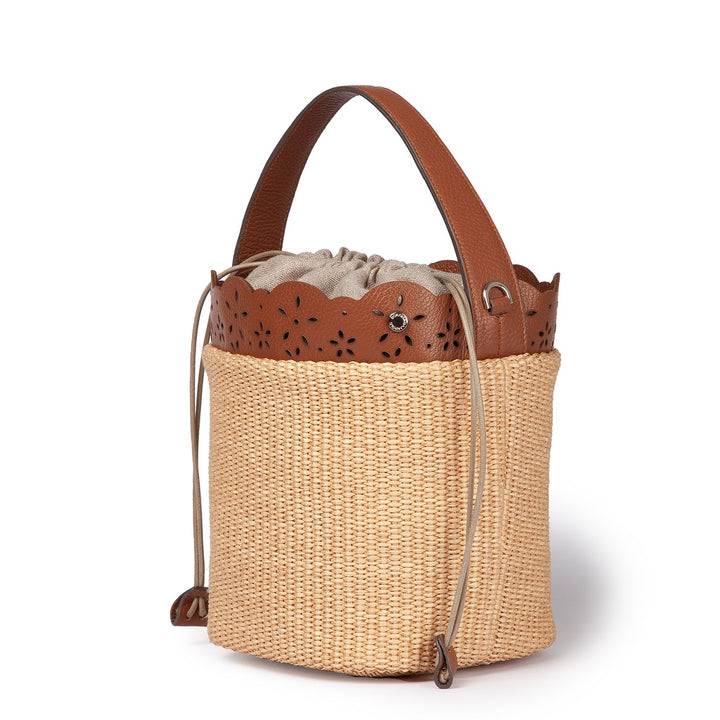 Roberta Gandolfi Diletta Bucket in rafia con balza in pelle laserata con tracolla staccabile Consegna Veloce