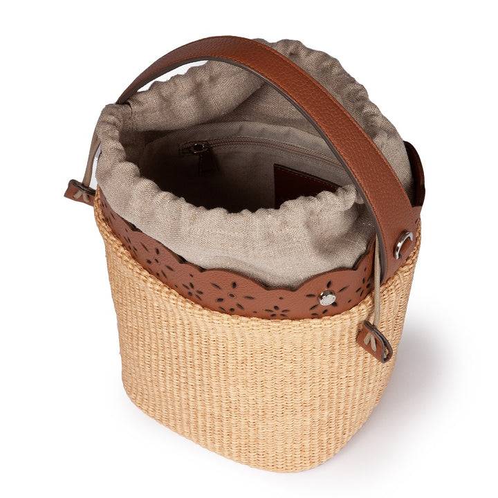 Roberta Gandolfi Diletta Bucket in rafia con balza in pelle laserata con tracolla staccabile Consegna Veloce