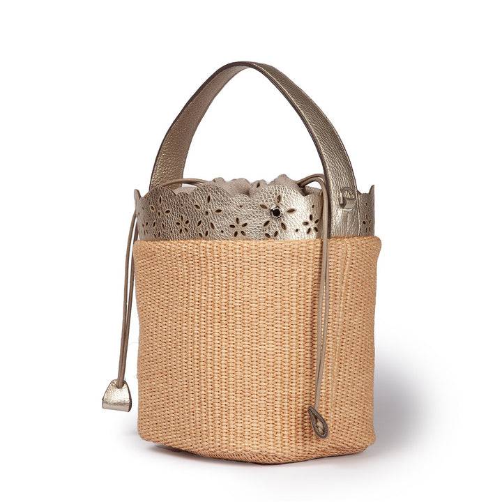 Roberta Gandolfi Diletta Bucket in rafia con balza in pelle laserata con tracolla staccabile Promozione Limitata