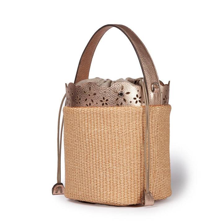 Roberta Gandolfi Diletta Bucket in rafia con balza in pelle laserata con tracolla staccabile Fino Al -60%