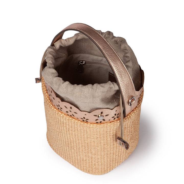 Roberta Gandolfi Diletta Bucket in rafia con balza in pelle laserata con tracolla staccabile Fino Al -60%