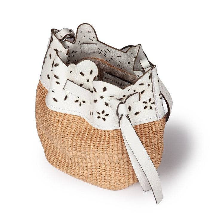 Roberta Gandolfi Diletta Mini Bucket in rafia con balza in pelle laserata con tracolla staccabile Shopping Online