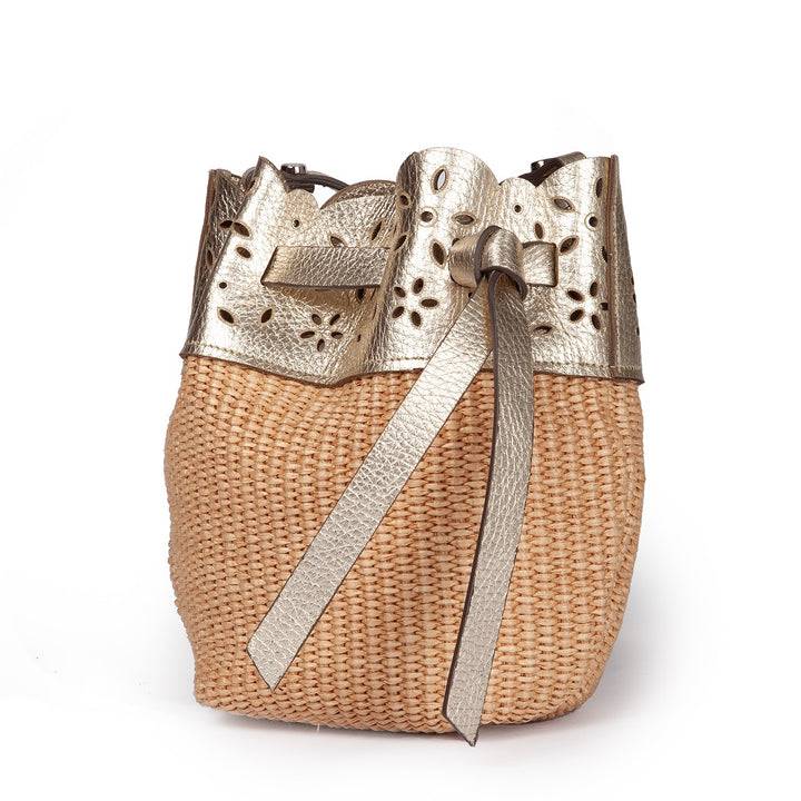 Roberta Gandolfi Diletta Mini Bucket in rafia con balza in pelle laserata con tracolla staccabile Affare Del Giorno