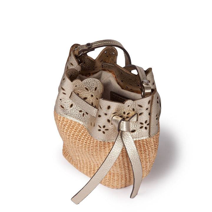 Roberta Gandolfi Diletta Mini Bucket in rafia con balza in pelle laserata con tracolla staccabile Affare Del Giorno