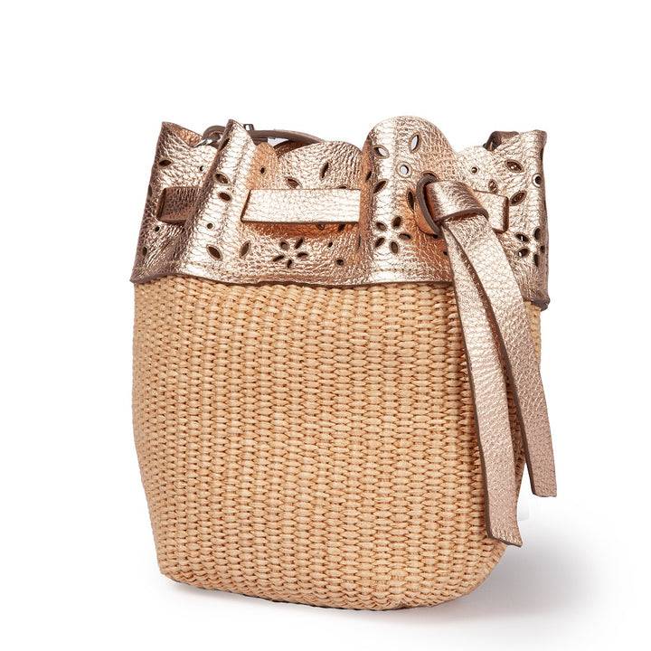 Roberta Gandolfi Diletta Mini Bucket in rafia con balza in pelle laserata con tracolla staccabile Prezzo Ridotto
