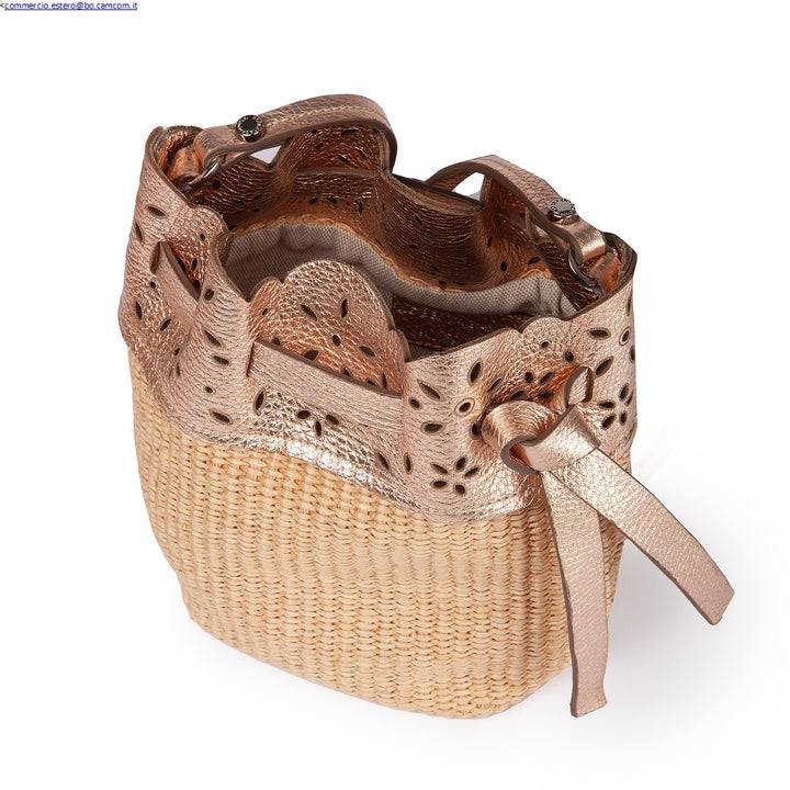 Roberta Gandolfi Diletta Mini Bucket in rafia con balza in pelle laserata con tracolla staccabile Prezzo Ridotto