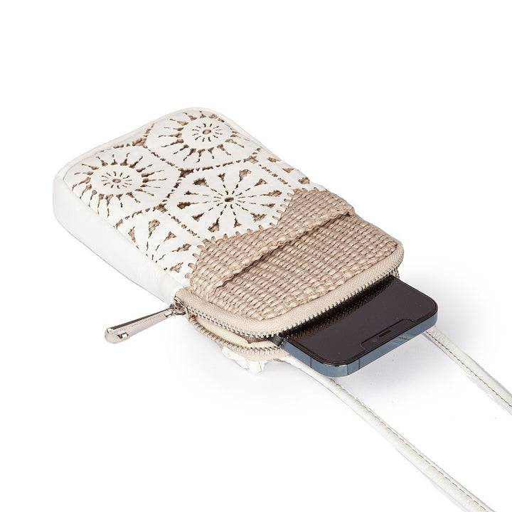 Roberta Gandolfi Giulia phone holder in rafia e pelle il pannello tagliato al laser è interamente cucito a mano con tracolla staccabile Qualità