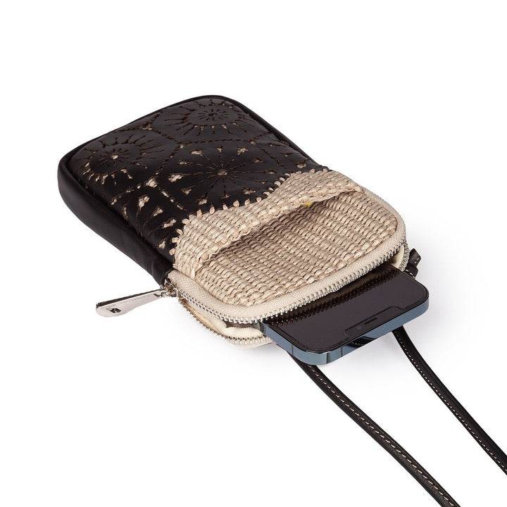 Roberta Gandolfi Giulia phone holder in rafia e pelle il pannello tagliato al laser è interamente cucito a mano con tracolla staccabile Promozione