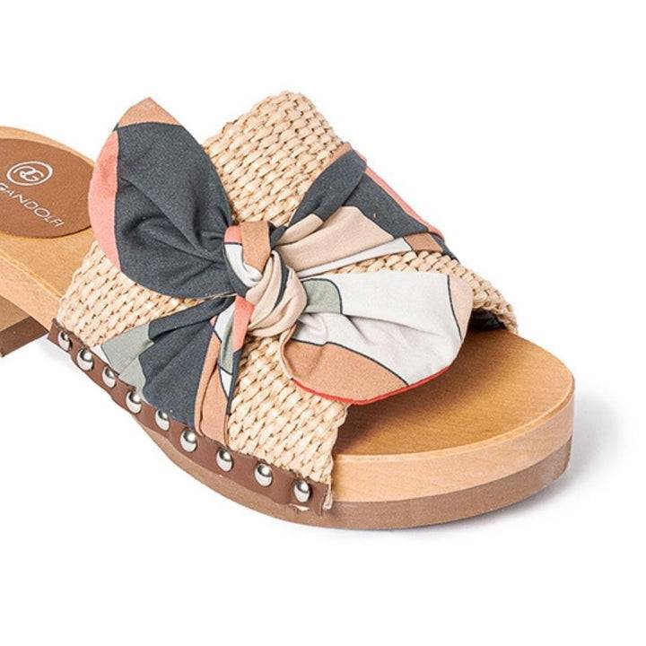 Roberta Gandolfi Lola Sixty sandali in legno con rafia e pelle di vitello con fiocco stampa sixty Negozi Online