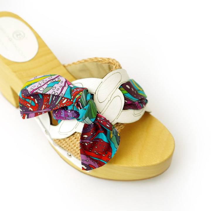 Roberta Gandolfi Diva Chain sandali in legno incrociato con platform in rafia e stampa fiocco tropical Consegna Veloce