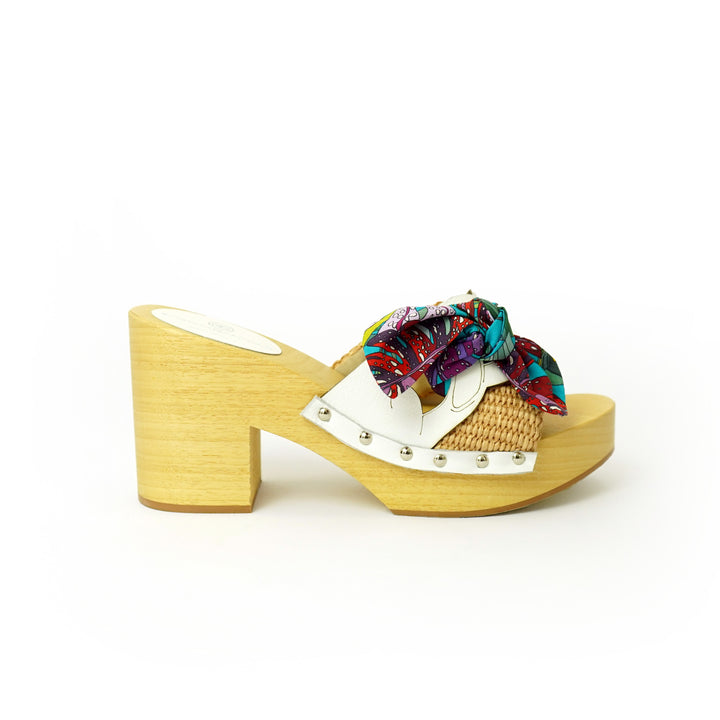 Roberta Gandolfi Diva Chain sandali in legno incrociato con platform in rafia e stampa fiocco tropical Consegna Veloce
