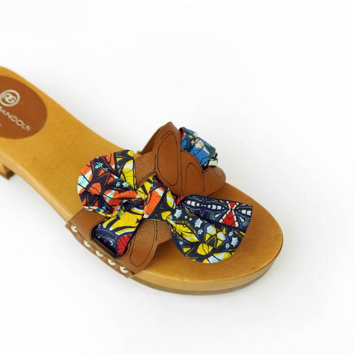 Roberta Gandolfi Lola Chain sandali in legno e pelle di vitello con fiocco stampa african Promozione Limitata