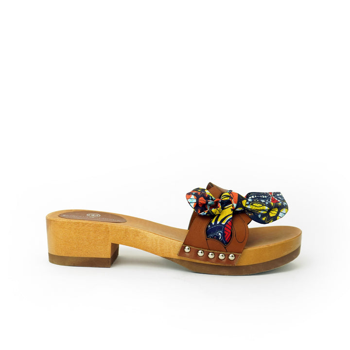 Roberta Gandolfi Lola Chain sandali in legno e pelle di vitello con fiocco stampa african Promozione Limitata