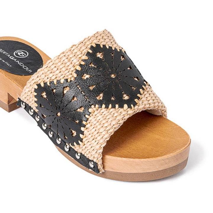 Roberta Gandolfi Sandalo Giulia platform in legno e tomaia in rafia e pelle di vitello laserata con disegno pizzo geometrico Fino Al -60%