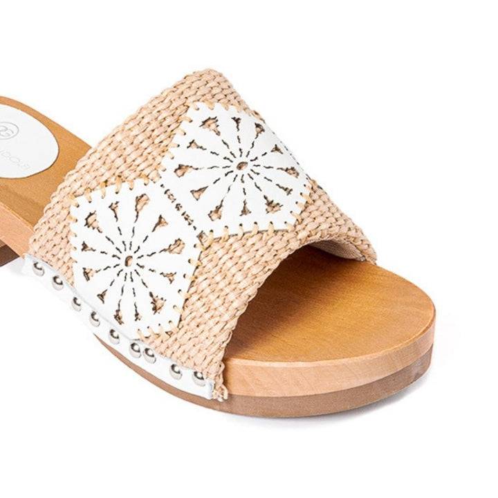 Roberta Gandolfi Sandalo Giulia platform in legno e tomaia in rafia e pelle di vitello laserata con disegno pizzo geometrico Shopping Online