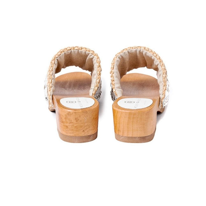 Roberta Gandolfi Sandalo Giulia platform in legno e tomaia in rafia e pelle di vitello laserata con disegno pizzo geometrico Shopping Online