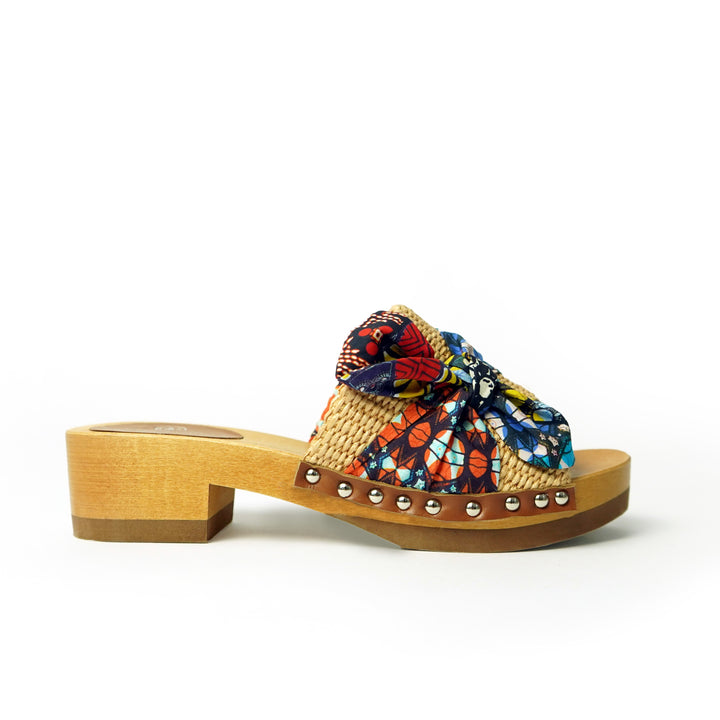 Roberta Gandolfi Lola Sabot sandali in legno con rafia e pelle di vitello con fiocco stampa african Convenienza