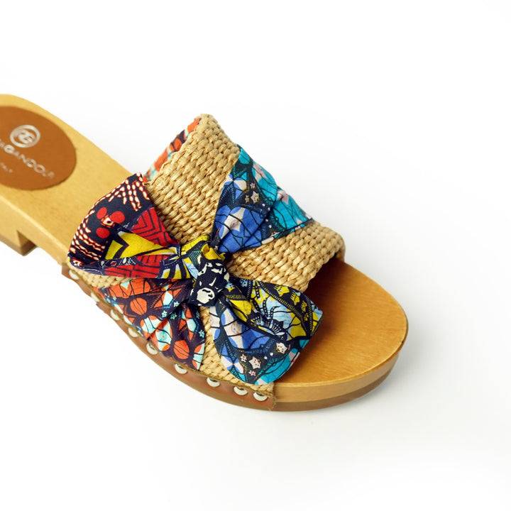 Roberta Gandolfi Lola Sabot sandali in legno con rafia e pelle di vitello con fiocco stampa african Convenienza