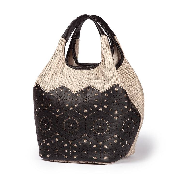 Roberta Gandolfi Giulia Handbag in rafia e pelle il pannello tagliato al laser è interamente cucito a mano con tracolla staccabile Sconto