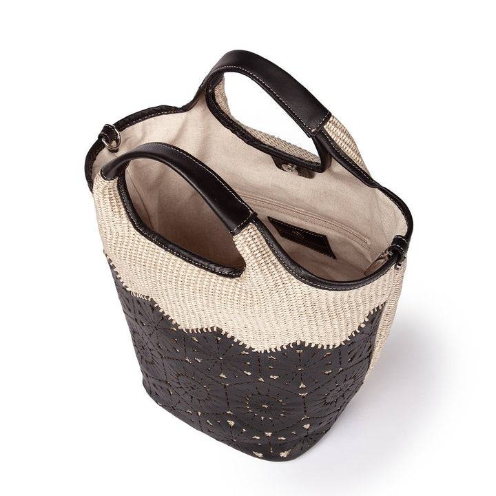 Roberta Gandolfi Giulia Handbag in rafia e pelle il pannello tagliato al laser è interamente cucito a mano con tracolla staccabile Sconto
