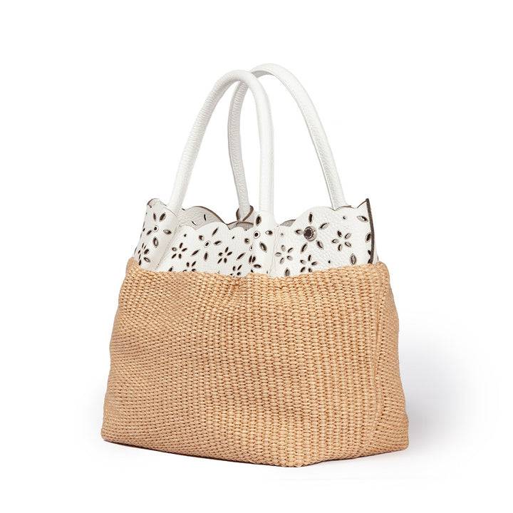 Roberta Gandolfi Diletta Handbag in rafia con balza in pelle laserata con tracolla staccabile In Linea