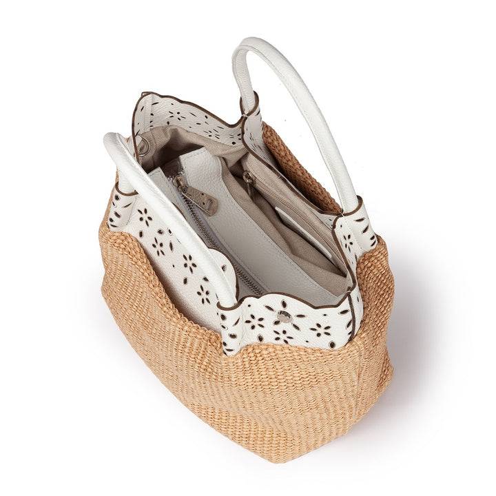 Roberta Gandolfi Diletta Handbag in rafia con balza in pelle laserata con tracolla staccabile In Linea