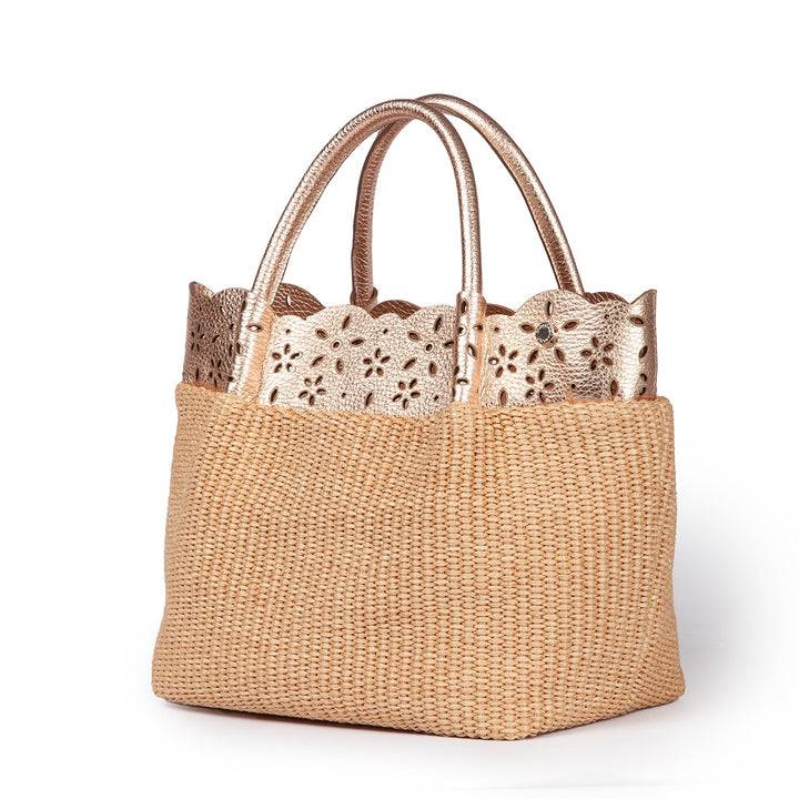Roberta Gandolfi Diletta Handbag in rafia con balza in pelle laserata con tracolla staccabile I Più Venduti