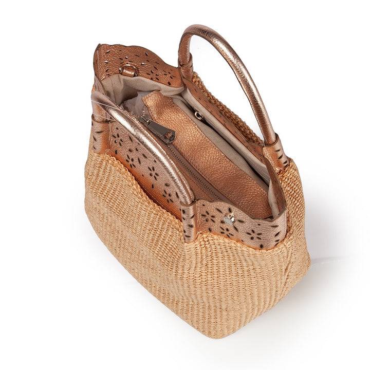 Roberta Gandolfi Diletta Handbag in rafia con balza in pelle laserata con tracolla staccabile I Più Venduti