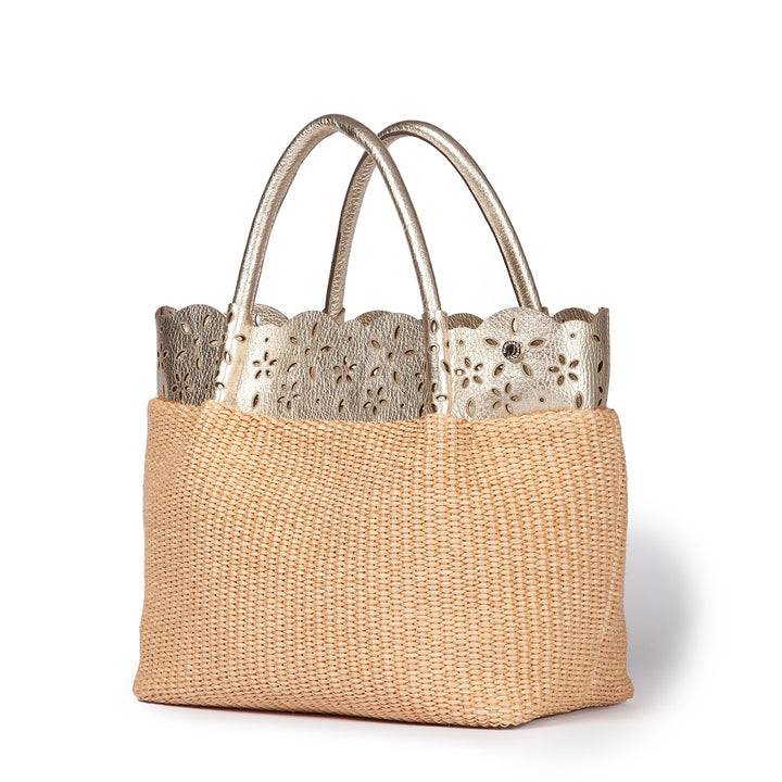 Roberta Gandolfi Diletta Handbag in rafia con balza in pelle laserata con tracolla staccabile Vendite Flash
