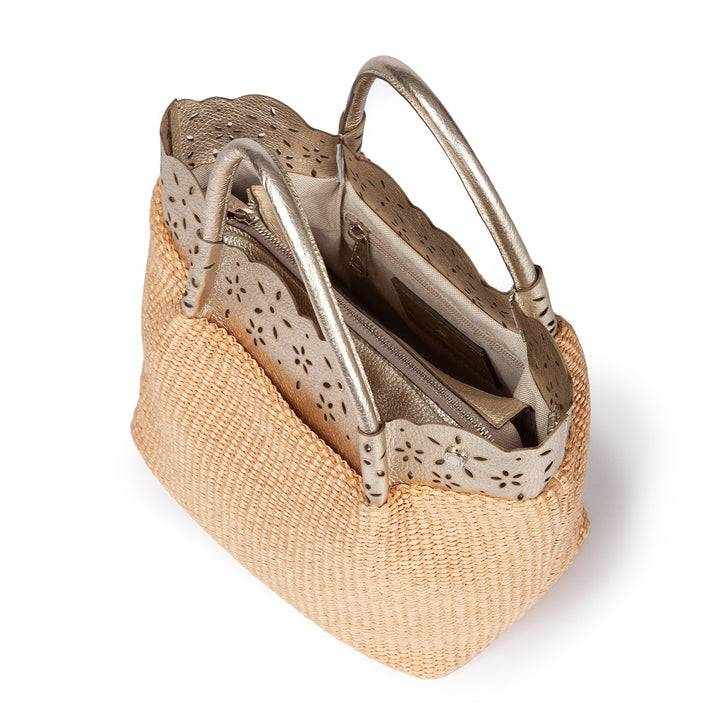 Roberta Gandolfi Diletta Handbag in rafia con balza in pelle laserata con tracolla staccabile Vendite Flash