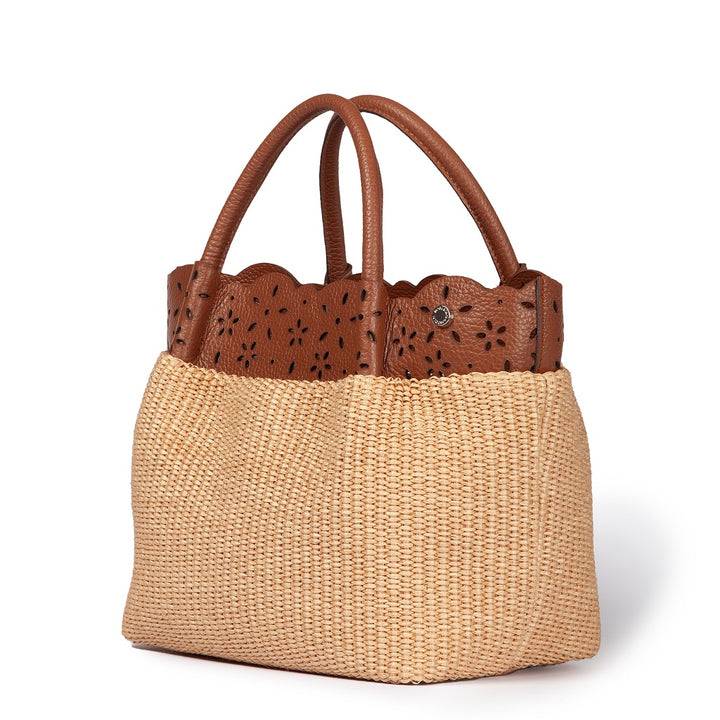 Roberta Gandolfi Diletta Handbag in rafia con balza in pelle laserata con tracolla staccabile Negozio