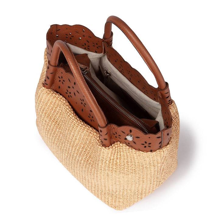 Roberta Gandolfi Diletta Handbag in rafia con balza in pelle laserata con tracolla staccabile Negozio